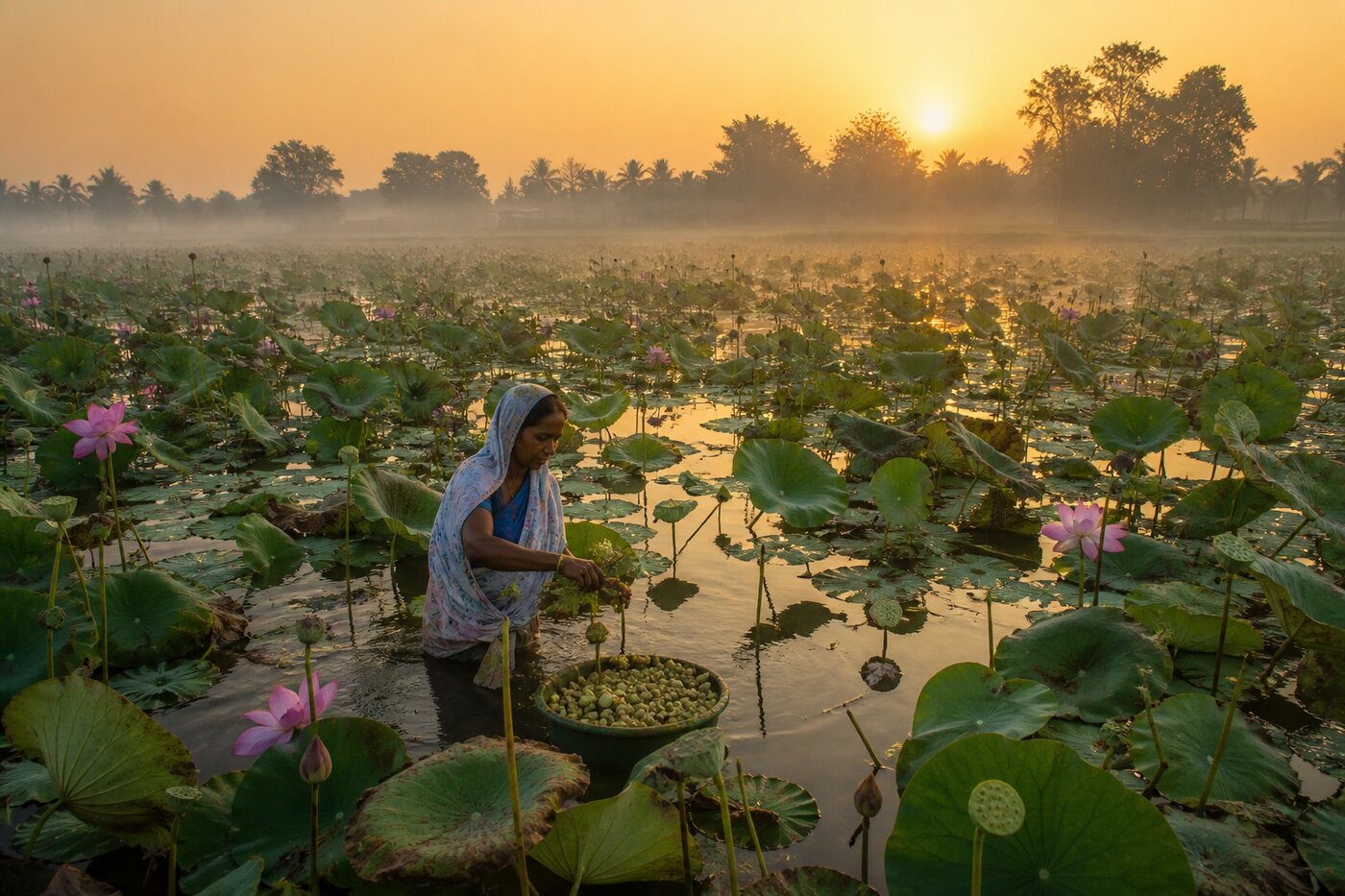 Lotus pond makhana farm in West Bengal