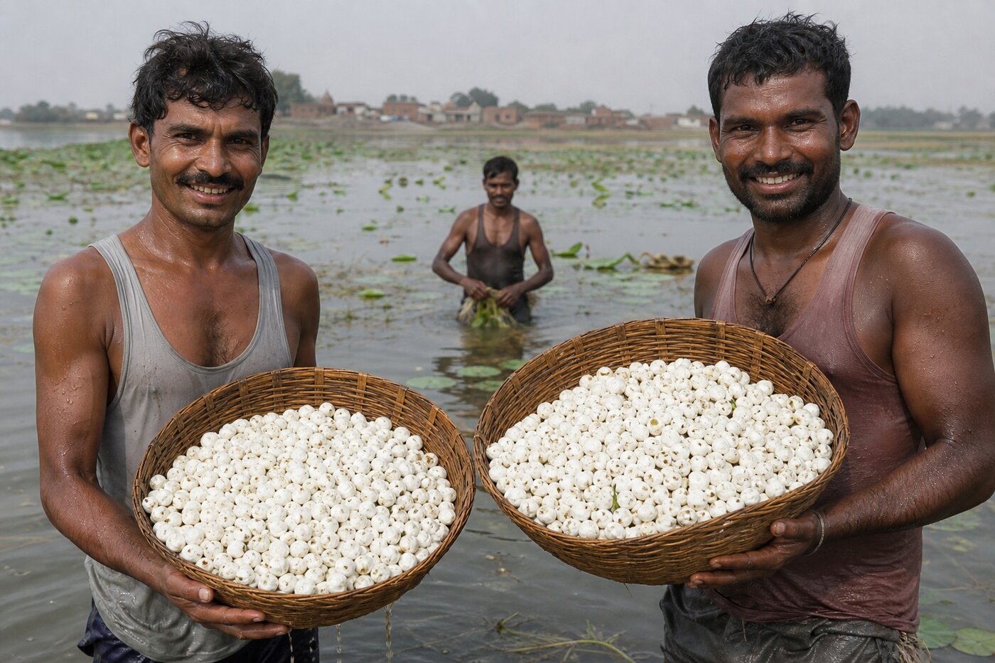 Farmers with baskets of fresh makhana