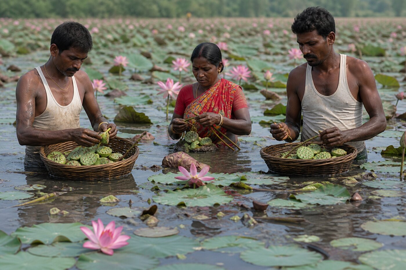 Farmers harvesting makhana among lotus plants