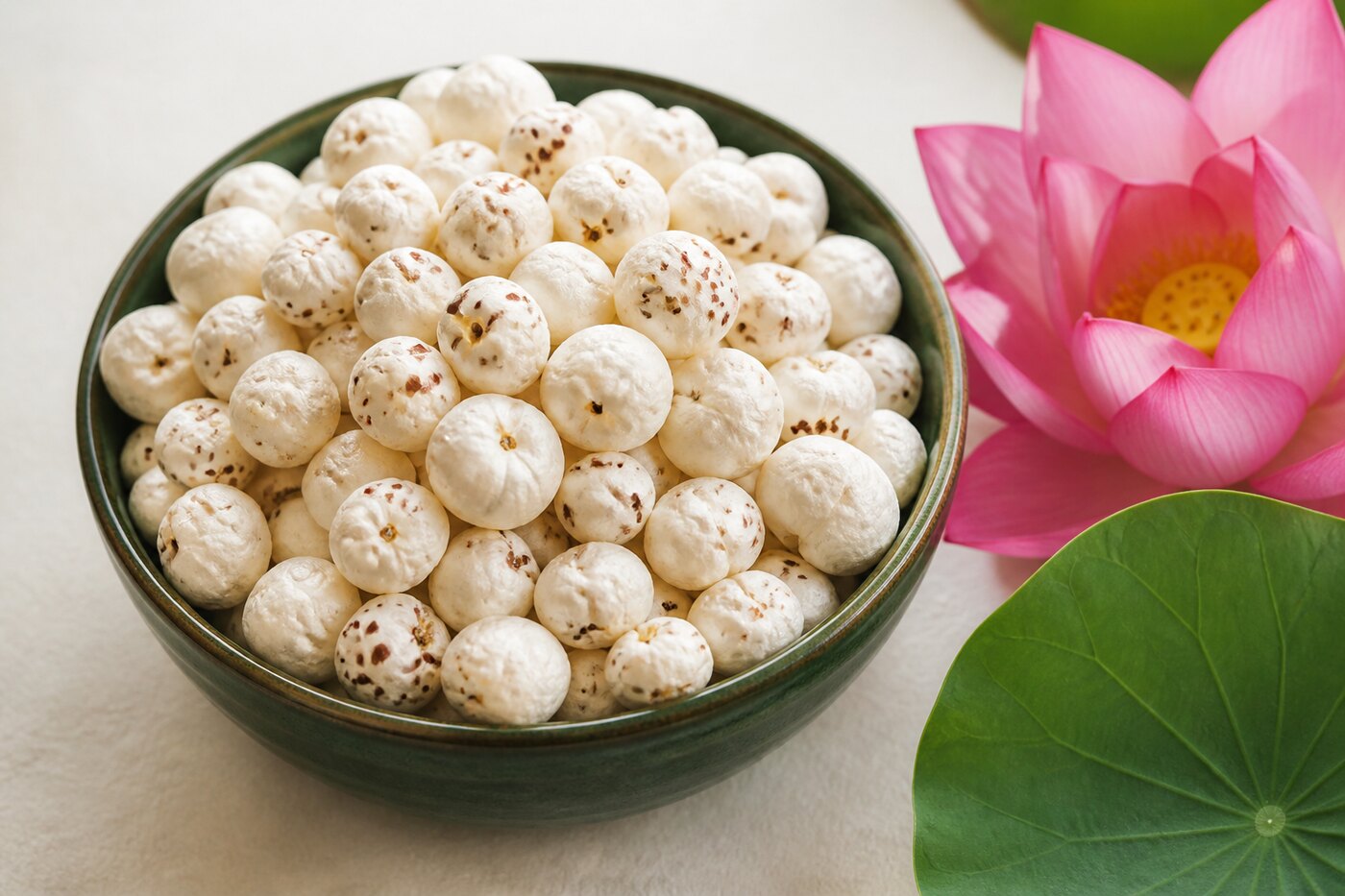 Bowl of premium makhana with a pink lotus flower